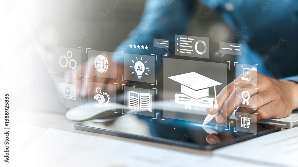 Fototapeta premium e-learning education concept, man use laptop with icons representing online education, Learning using artificial intelligence, ai, educational tools, video tutorial digital courses, internet lessons.