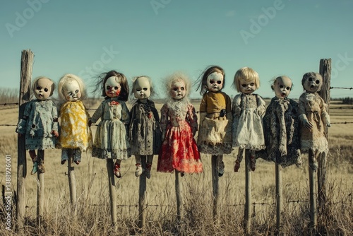 A collection of dolls impaled on wooden stakes in a desolate field