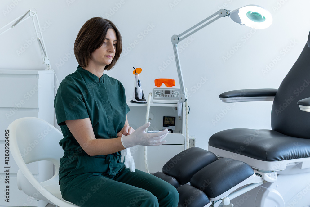 portrait of a woman doctor putting on medical gloves. reception of a patient in a medical office, a cosmetologist opposite a medical chair portrait of a woman doctor putting on medical gloves. reception of a patient in a medical office, a cosmetologist opposite a medical chair