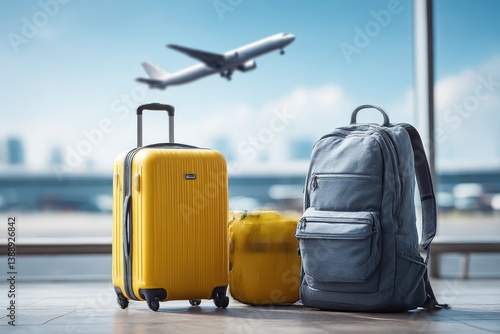Travel Luggage at Airport Terminal with Airplane Background
