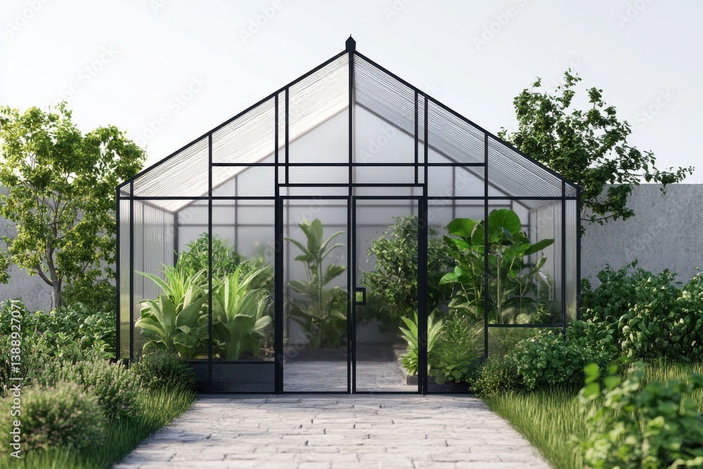 Detailed 3D greenhouse with transparent walls and vibrant green plants creating a peaceful modern garden atmosphere Detailed 3D greenhouse with transparent walls and vibrant green plants creating a peaceful modern garden atmosphere