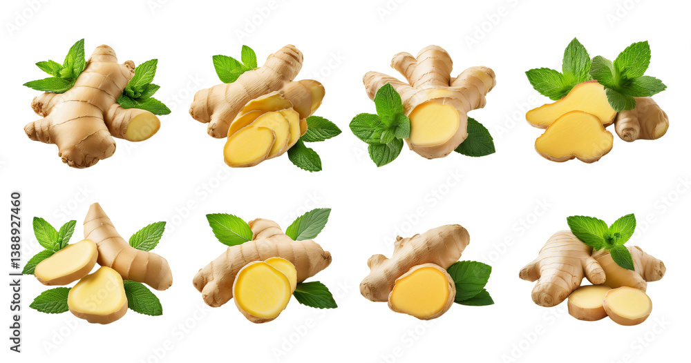 Fresh Ginger Root with Green Leaves on Transparent Background, Bundle Set Collection, Isolated on Transparent Background Fresh Ginger Root with Green Leaves on Transparent Background, Bundle Set Collection, Isolated on Transparent Background