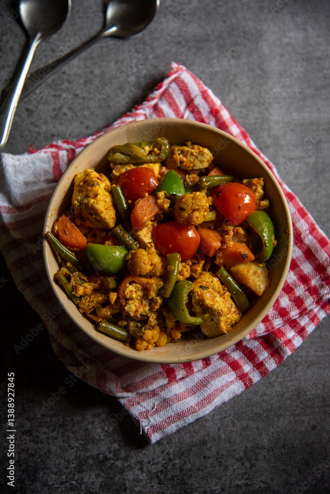North Indian delicacy paneer capsicum in gravy. Top view, selective focus.