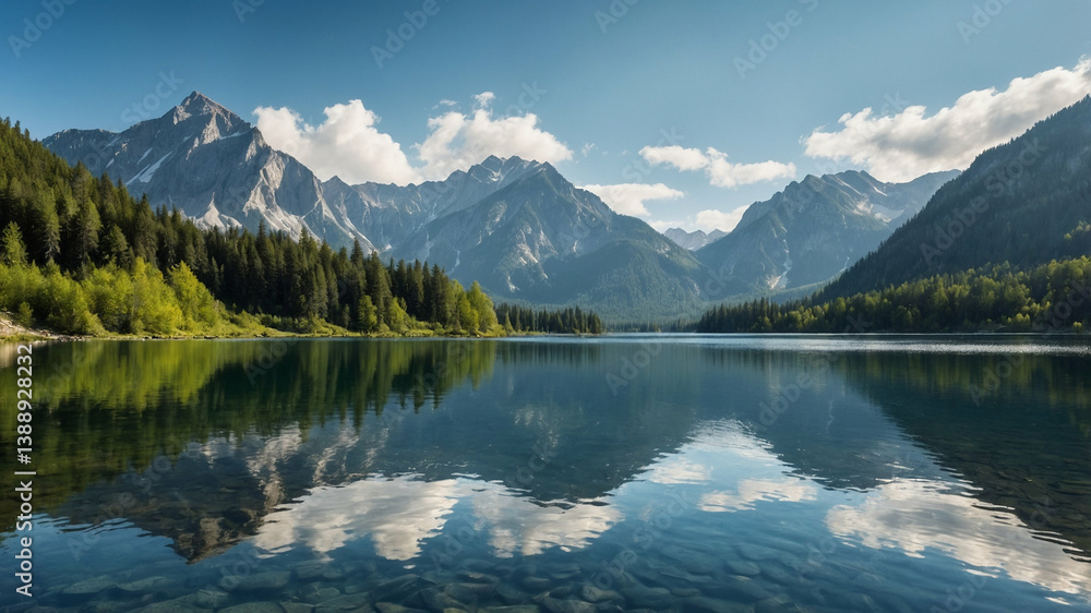 Serene crystal clear lake reflecting majestic mountains under bright blue skies Serene crystal clear lake reflecting majestic mountains under bright blue skies