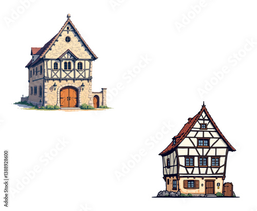 Vsai two medieval half timbered houses standing on white background