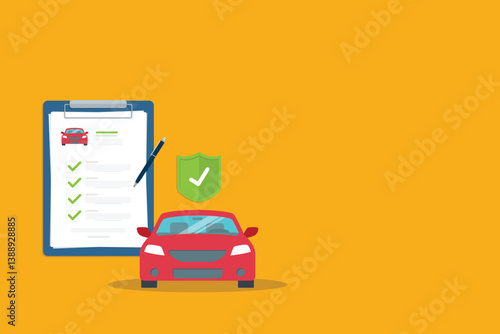 Car insurance document, report. Paper agreement checklist or loan checkmarks form list approved with automobile icon, vehicle financial, car dealership legal deal.