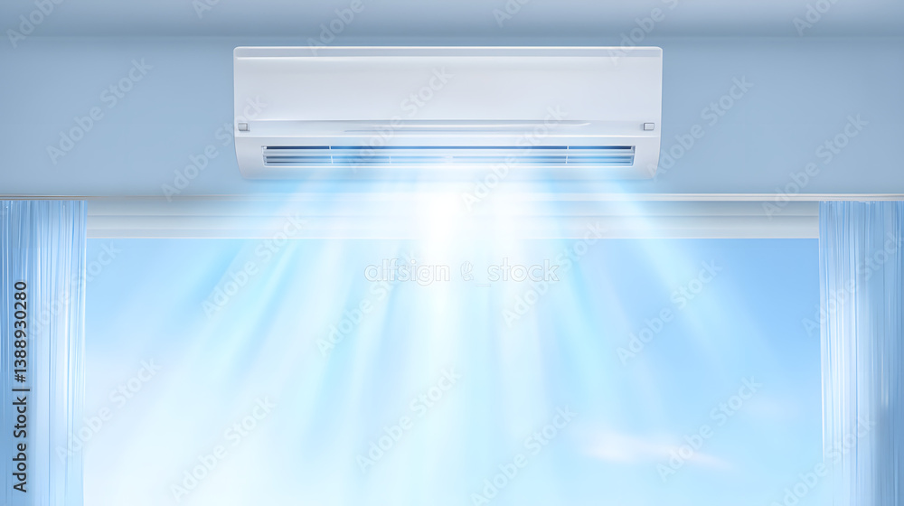 Photorealistic depiction of an air conditioner blowing cool air into a room, showcasing the cooling effect with visible air flow, modern design, and sleek appearance.
Photorealistic depiction of an air conditioner blowing cool air into a room, showcasing the cooling effect with visible air flow, modern design, and sleek appearance.