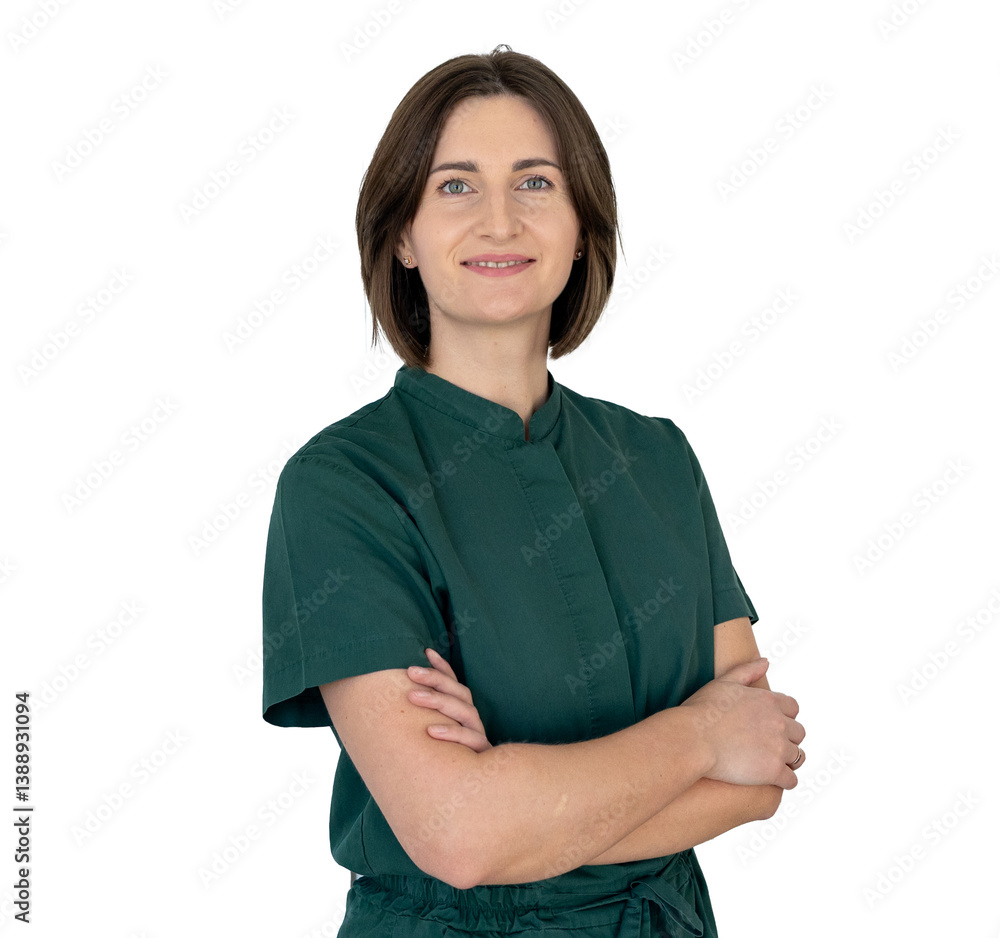 portrait of woman in medical uniform on transparent background, woman in green uniform looking at camera. medicine and healthcare portrait of woman in medical uniform on transparent background, woman in green uniform looking at camera. medicine and healthcare