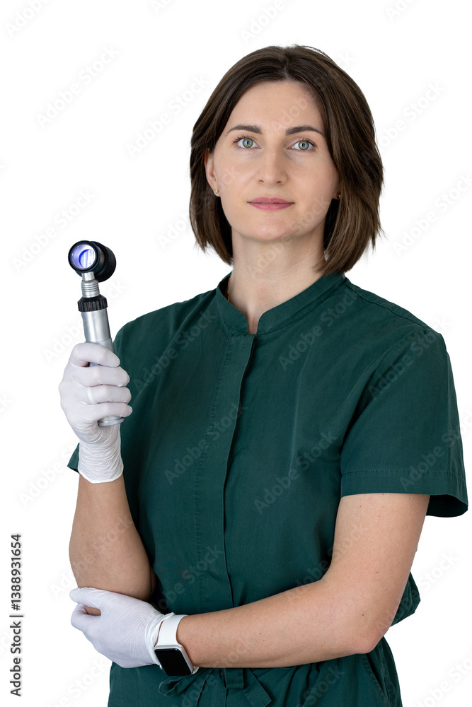 Portrait of a girl doctor dermatologist with a dermatoscope on a transparent background. Beautician in uniform on a transparent background. Skin health care and beauty. Portrait of a female doctor on Portrait of a girl doctor dermatologist with a dermatoscope on a transparent background. Beautician in uniform on a transparent background. Skin health care and beauty. Portrait of a female doctor on