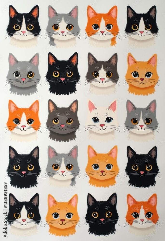 Pastel Cat Stamp Pattern: Seamless Design on White Paper Featuring Faces of Various Cat Species, Detailed and Cute, Perfect for Stationery, Fabrics, and Pet-Themed Designs.
Pastel Cat Stamp Pattern: Seamless Design on White Paper Featuring Faces of Various Cat Species, Detailed and Cute, Perfect for Stationery, Fabrics, and Pet-Themed Designs.