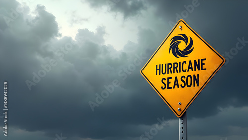 Storm warning sign for hurricane season under dark dramatic sky, concept for emergency preparedness, severe weather alert, climate change impact, public safety awareness and natural disaster forecast