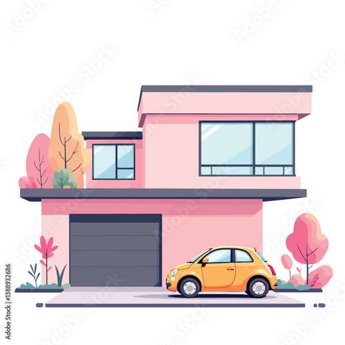 Modern pink suburban house with garage and car parking illustration