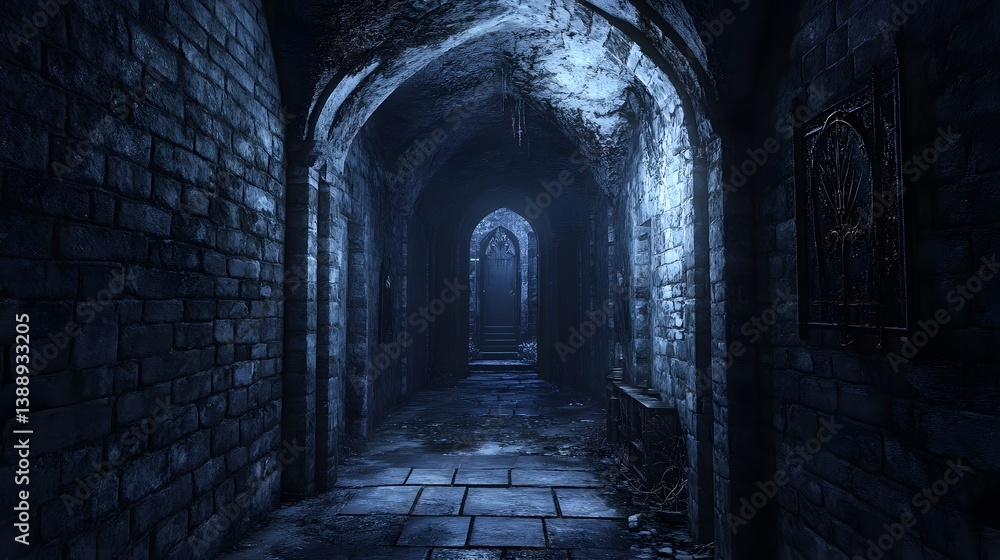 Obraz premium Dark, stone corridor in ancient crypt, dimly lit