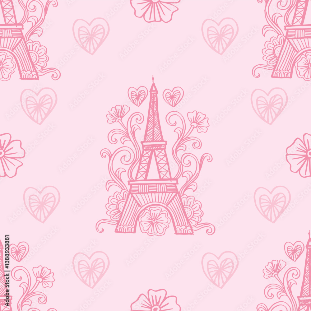 Fototapeta premium Seamless pattern with Eiffel tower and hearts on pink background