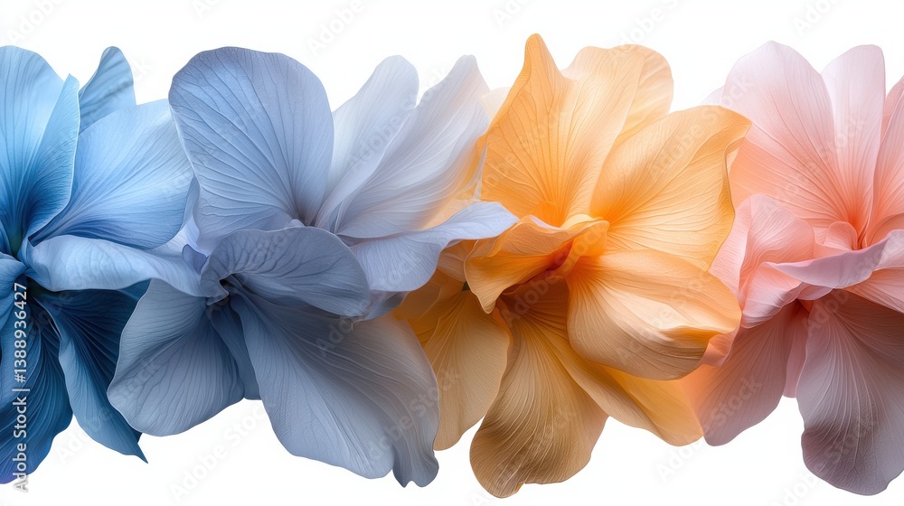 Fototapeta premium A row of flowers with blue, orange, and pink petals