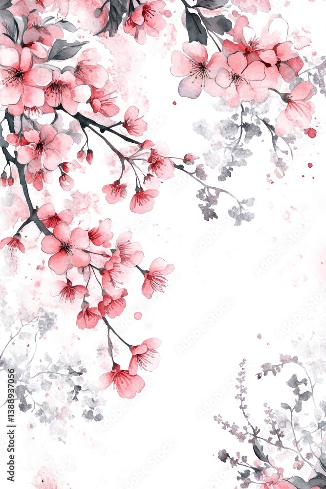 Fototapeta premium Watercolor painting shows pink flowers blooming from dark branches beautifully