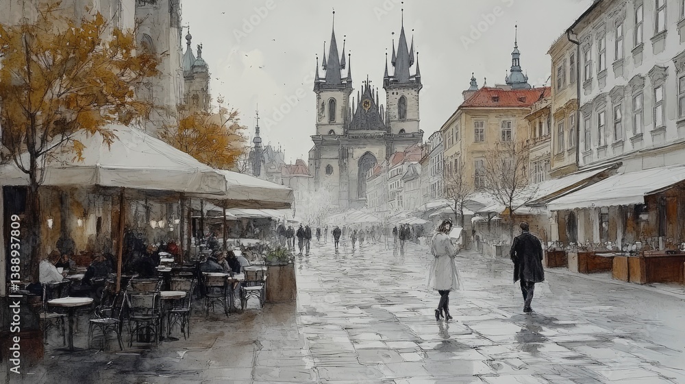Obraz premium Solo artist sketching architecture in Prague, gothic spires, cobblestone street, cafÃ© tables nearby