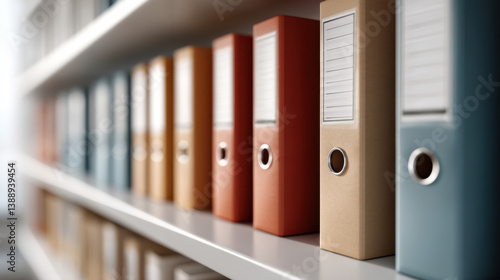Neatly organized office shelves with colorful document folders create tidy workspace