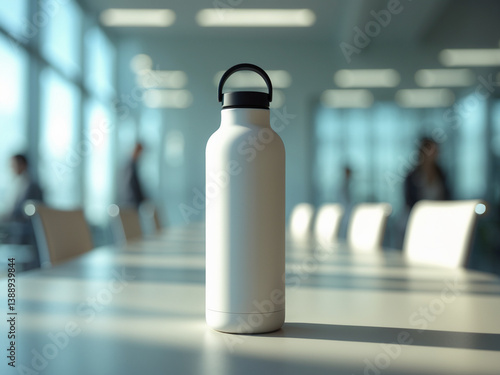 A sleek white water bottle with a black handle sits on a conference table in a modern, sunlit office with blurred figures in the background.