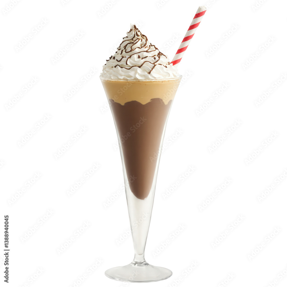 A tall, frosty glass filled with a mocha-colored milkshake, topped with a fluffy, cloud-like layer of whipped cream. The whipped A tall, frosty glass filled with a mocha-colored milkshake, topped with a fluffy, cloud-like layer of whipped cream. The whipped