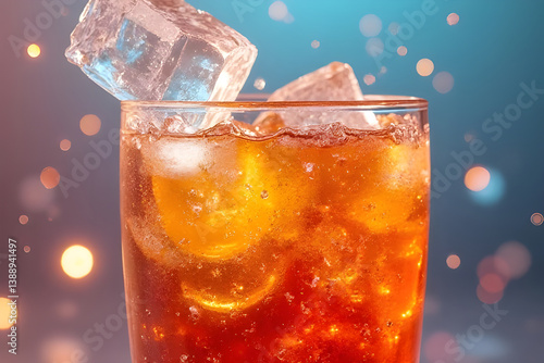 Ice cubes falling into glass of sparkling cold beverage with bubbles on blurred background