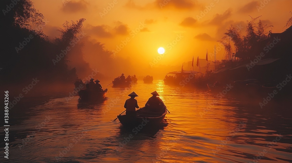 Group exploring floating markets in Thailand, traditional boats, modern cameras, early morning light Group exploring floating markets in Thailand, traditional boats, modern cameras, early morning light