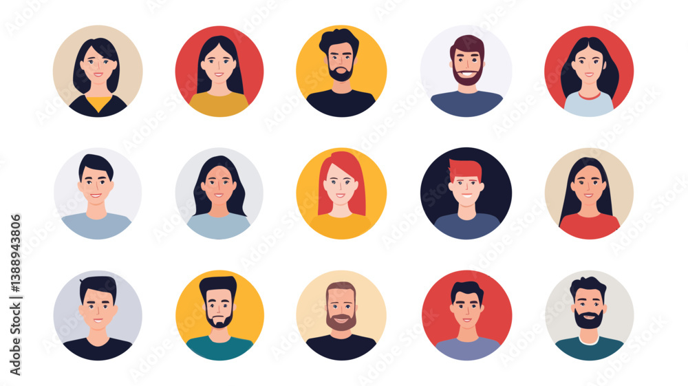 Fototapeta premium Diverse Set of Modern Flat Vector Avatars for Websites and Social Media Profiles, Characters Collection with Different Hairstyles, Genders, and Face Expressions
