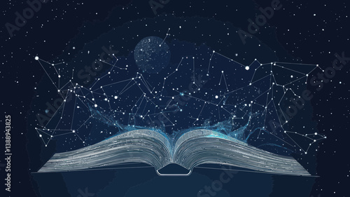 Open Book in Starry Sky Vector with Planets, Stars, and Universe Elements Representing Knowledge and Imagination
