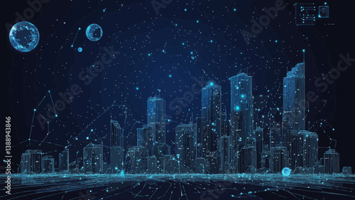 Futuristic Megalopolis in Starry Sky - Abstract Vector Wireframe Cityscape with Cosmic Elements, Planets, and Stars - Minimalist SVG