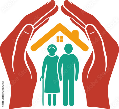 Illustration of two hands forming a secure shelter above an elderly couple and house, symbolizing protection, elderly care, home safety, support, and community well-being.