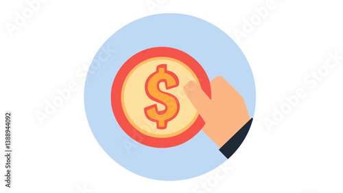 Modern flat design icon showing no hidden fees with a hand holding a dollar coin in a circle, ideal for online financial services, transparent pricing, and economic concepts.