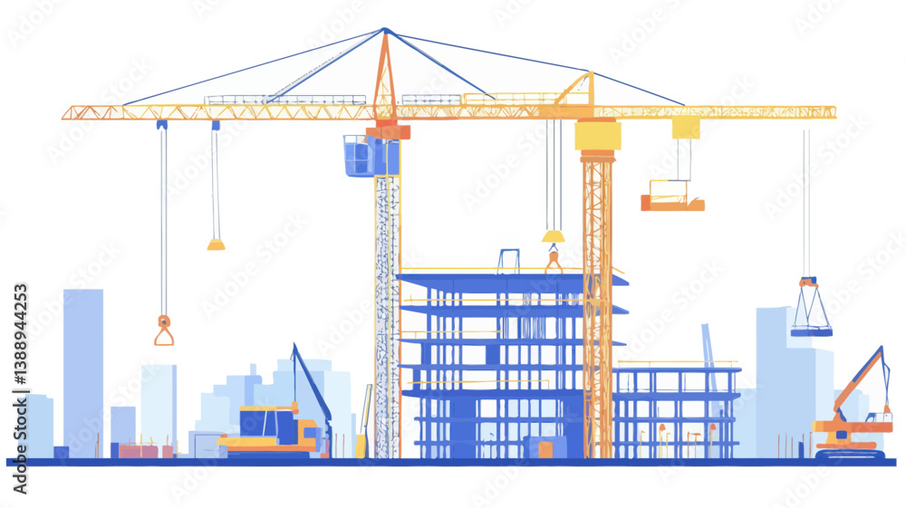 Minimalist Construction Site Vector with Building Equipment, Tower Cranes, and Cityscape on White Background, Polygonal Abstract Concept for Urban Development and Engineering Illustrations Minimalist Construction Site Vector with Building Equipment, Tower Cranes, and Cityscape on White Background, Polygonal Abstract Concept for Urban Development and Engineering Illustrations