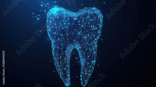 Abstract Low Poly Wireframe Tooth Vector with Starry Sky and Universe Elements, Dental Technology and Space Concept