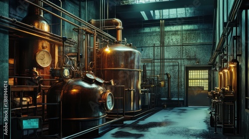 Industrial copper distillery interior with aged equipment and piping.