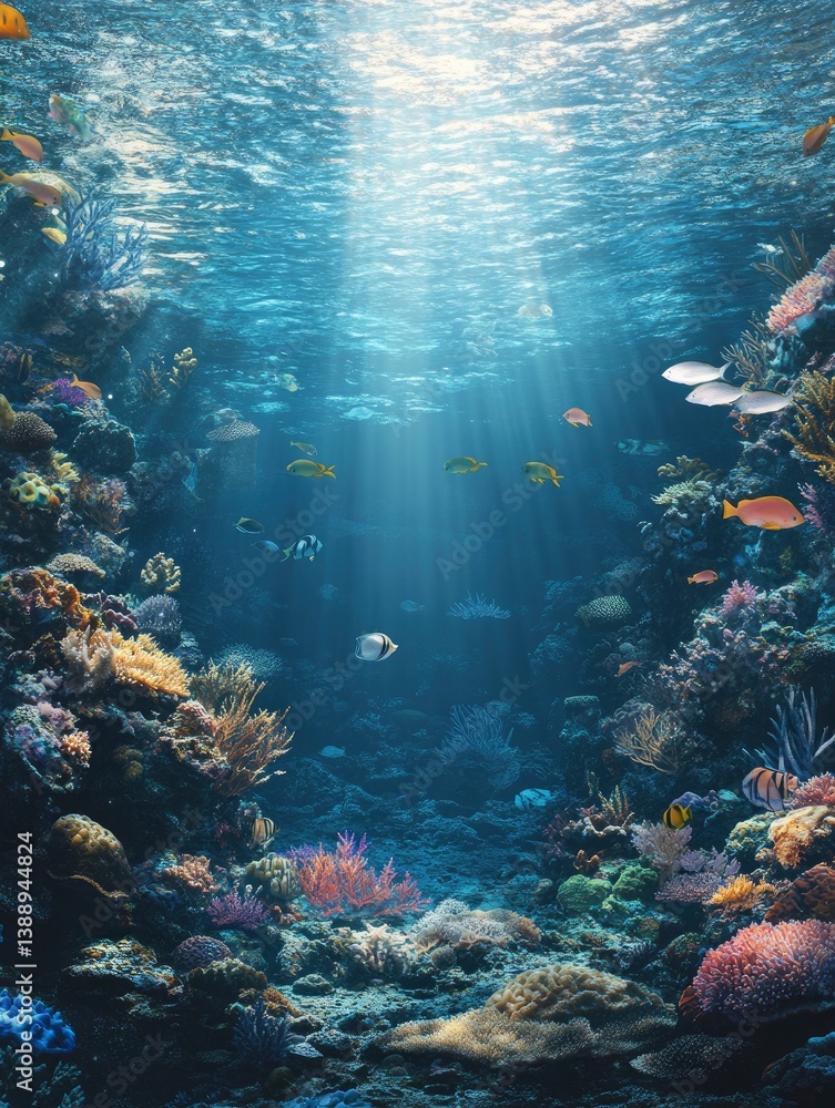 Fototapeta premium Underwater Coral Reef Ecosystem with Tropical Fish and Sun Rays