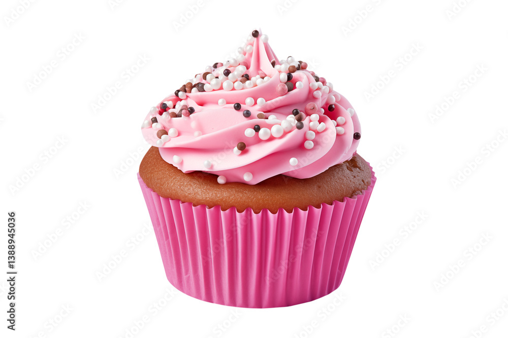 A pink cupcake with sprinkles on top sitting in a pink wrapper on a image view on transparent background A pink cupcake with sprinkles on top sitting in a pink wrapper on a image view on transparent background