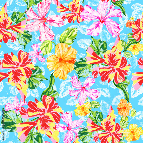 Wallpaper Mural Exotic hibiscus flowers seamless print on blue background Torontodigital.ca