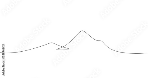 Mountains, simple minimalistic modern drawing with one continuous line, graphic vector illustration. An element for a design with text, poster, banner, or background. Outline of a mountain peak 
