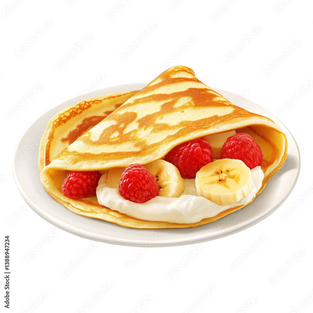 Delicious folded pancake filled with banana slices, raspberries, and cream, isolated on white transparent background, concept of breakfast Delicious folded pancake filled with banana slices, raspberries, and cream, isolated on white transparent background, concept of breakfast