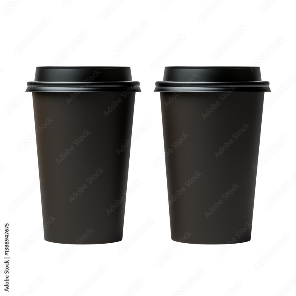 Two black coffee cups with black lids standing side by side on a in a studio shot on transparent background Two black coffee cups with black lids standing side by side on a in a studio shot on transparent background