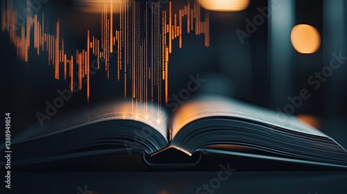 Open book with vertical digital lights chart in technology concept. An open book with sound waves visually represented above it.