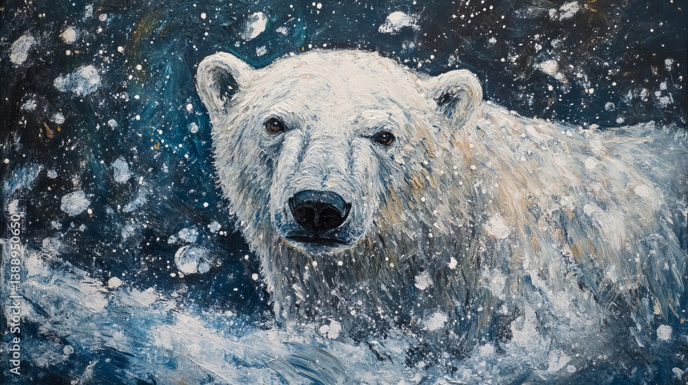 Majestic polar bear roaming across a pristine, snow-covered Arctic landscape under crystal-clear skies Majestic polar bear roaming across a pristine, snow-covered Arctic landscape under crystal-clear skies