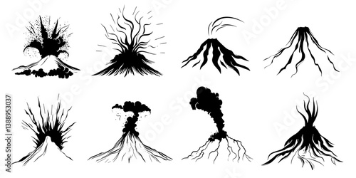 Active volcano with magma and fire. Silhouettes set. 