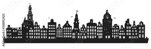 Europe City skyline. Black vector silhouette. Horizontal landscape border.