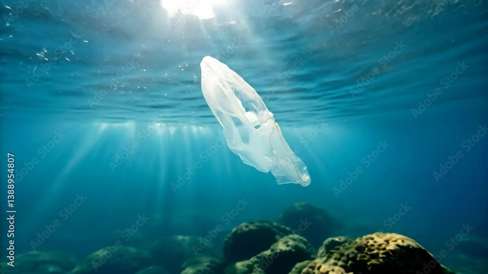 Microplastic pollution concept. A clear plastic bag floats gracefully ...