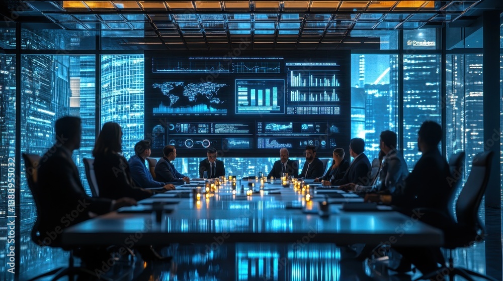 Diverse business meeting in modern high-tech office with candlelit ambience and data displays Diverse business meeting in modern high-tech office with candlelit ambience and data displays