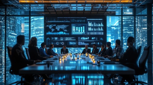 Diverse business meeting in modern high-tech office with candlelit ambience and data displays