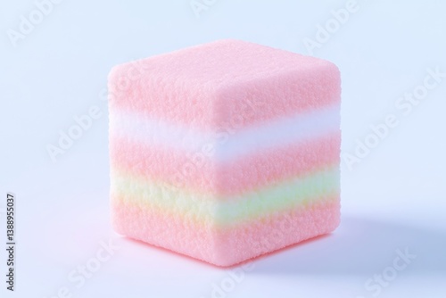 Cube-shaped, layered confectionery, pastel colors.  Soft, textured surface