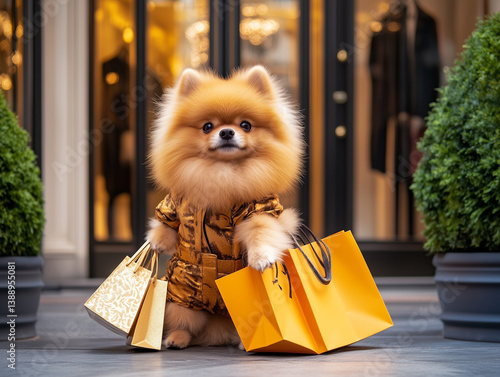 A fluffy Pomeranian fashionista poses confidently in a boutique with designer bags. Dressed to impress, this adorable pet exudes luxury, charm, and street-style flair.