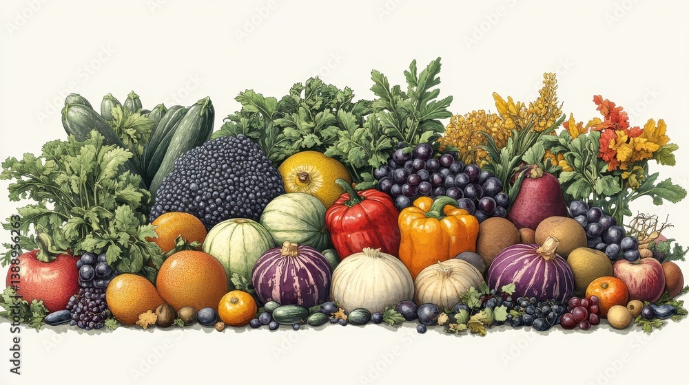 Colorful array of fresh fruits and vegetables with greens and berries